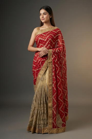 Maroon Organza Net Embroidered Saree With Unstitched Blouse