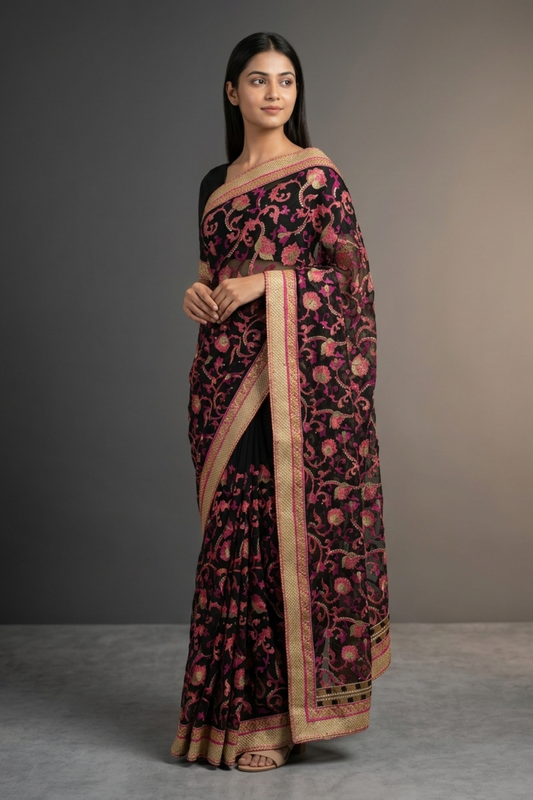 Black Chiffon Embroidered Saree With Unstitched Blouse