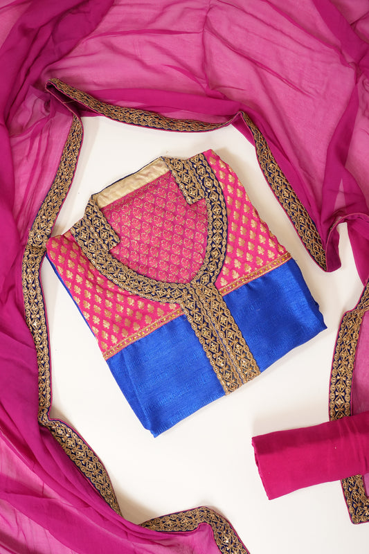 Royle Blue Tussar Semi Stitched Salwar Suit With Dupatta