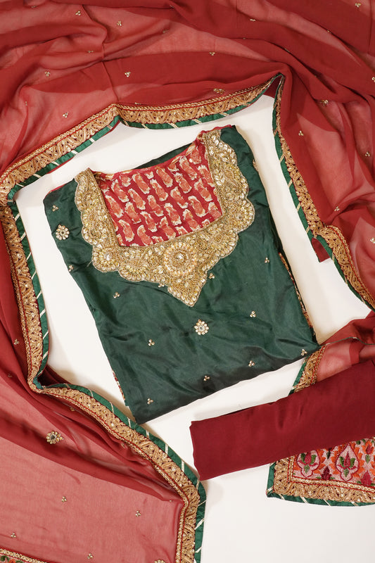 Bottle Maroon Loom Georgette Semi Stitched Salwar Suit With Dupatta