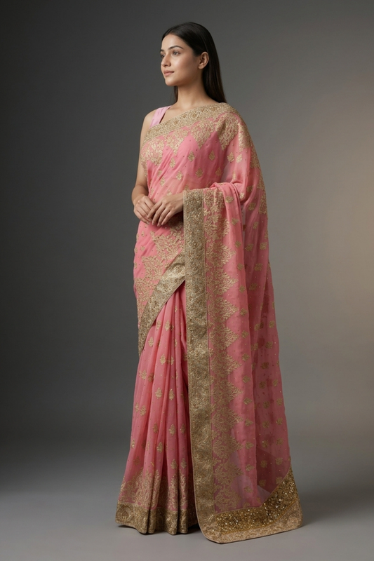 Pink Chiffon Embroidered Saree With Unstitched Blouse