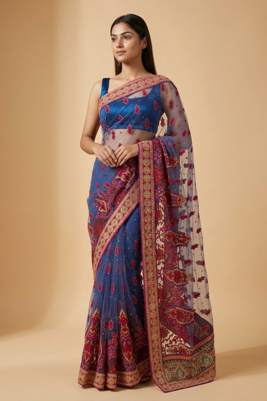 Bluish Grey Net Embroidered Saree With Unstitched Blouse