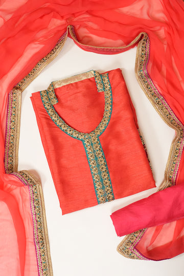 Peach Tussar Semi Stitched Salwar Suit With Dupatta