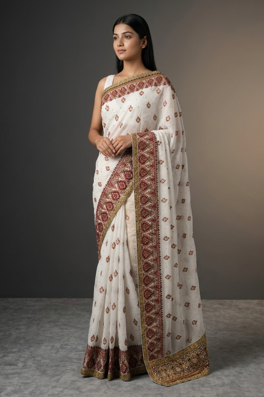 White Georgette Embroidered Saree With Unstitched Blouse