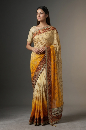 Omray Rust Georgette Embriodered Saree With Unstitched Blouse