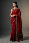 Maroon Georgette Embroidered Saree With Unstitched Blouse