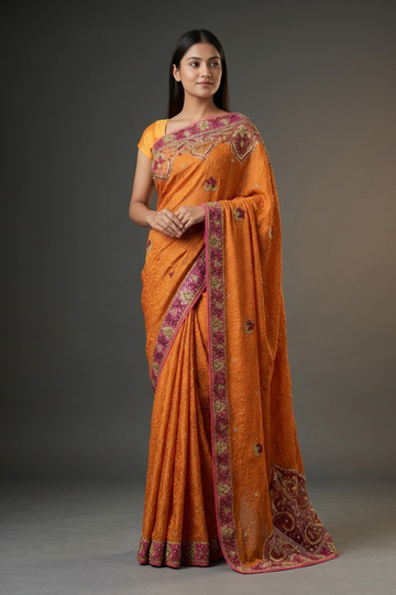 Rust Jacquard Crepe Embriodered Saree With Unstitched Blouse