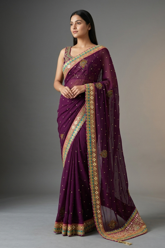 Wine Georgette Embroidered Saree With Unstitched Blouse