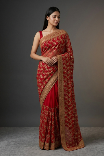 Red Georgette Embroidered Saree With Unstitched Blouse