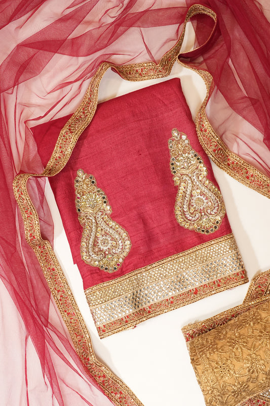 Tussar Maroon Tussar Unstitched Salwar Suit With Dupatta