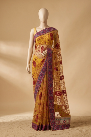 Lime Green Net Embroidered Saree With Unstitched Blouse