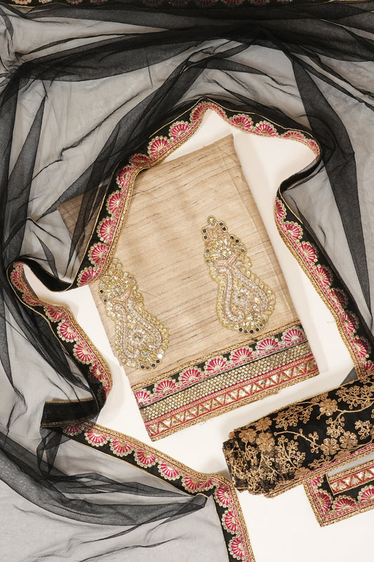 Tussar Black Tussar Unstitched Salwar Suit With Dupatta