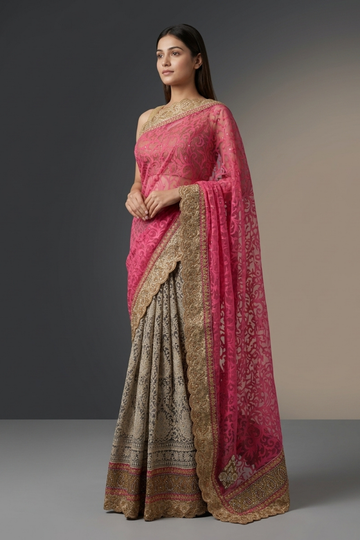 Rani Grey Brasso Net Embroidered Saree With Unstitched Blouse