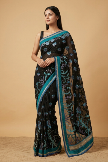 Black Georgette Embroidered Saree With Unstitched Blouse