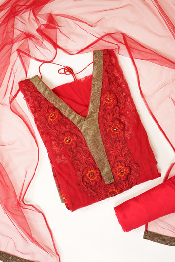 Red Net Semi Stitched Salwar Suit With Dupatta
