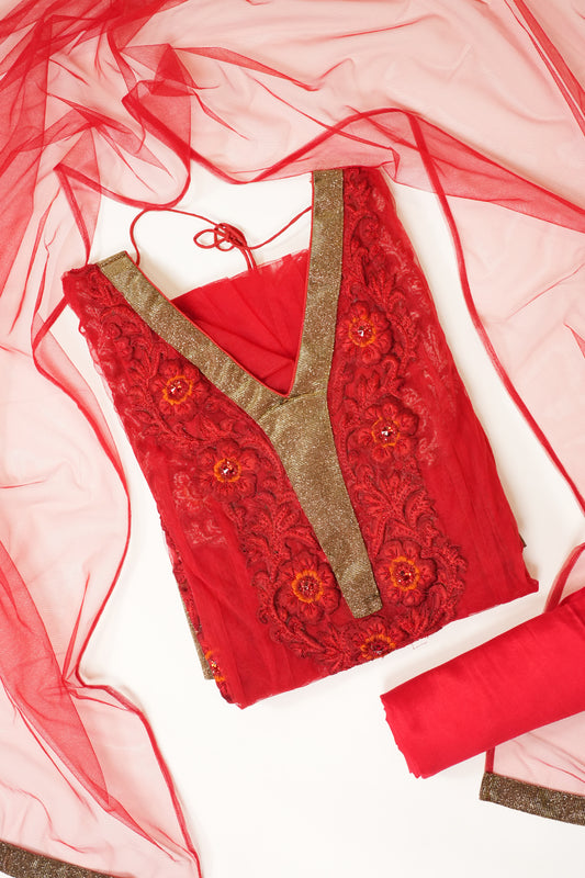 Red Net Semi Stitched Salwar Suit With Dupatta