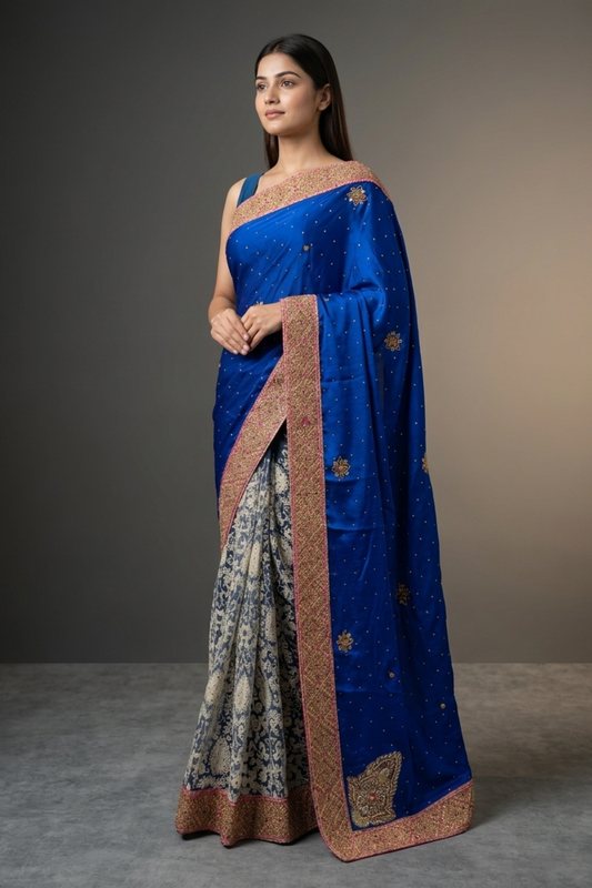Royal Tussar Satin Net Embroidered Saree With Unstitched Blouse