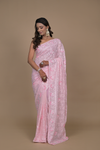 Pink Mirror & Sequence Embroidered Georgette Saree With Unstitched Blouse