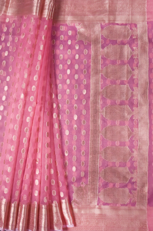 Pink Organza Woven Zari Saree With Unstitched Blouse