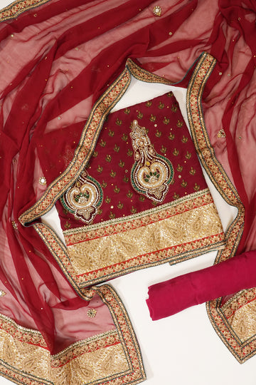 Maroon Crepe Unstitched Salwar Suit With Dupatta