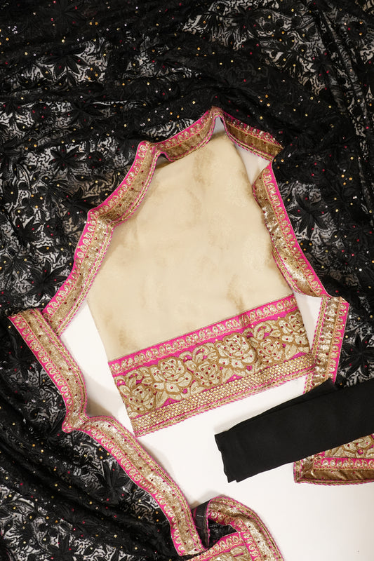 Tussar & Black Jacquard Chiffon Unstitched Suit Salwar With Dupatta
