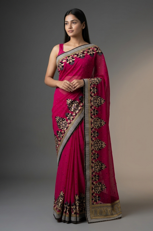 Rani Chiffon Embroidered Saree With Unstitched Blouse