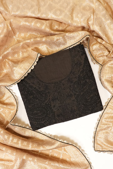 Black Tussar Cotton Unstitched Suit Salwar With Dupatta