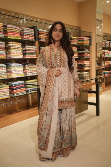 Tussar Crepe Readymade Sharara Set With Crepe Dupatta (Ft:-Muskan Sharma)