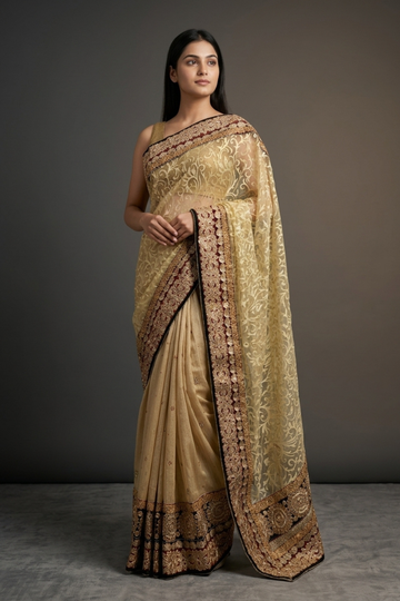 Tussar Brasso Tussar Embroidered Saree With Unstitched Blouse