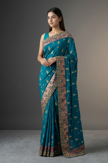 Rama Crepe Embroidered Saree With Unstitched Blouse