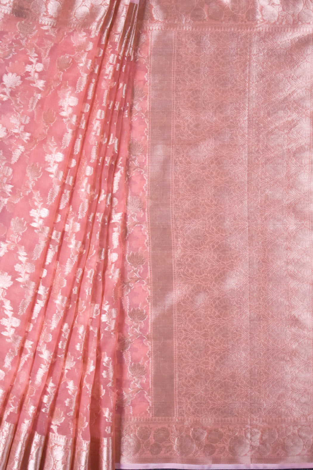 Peach Organza Woven Saree With Unstitched Blouse