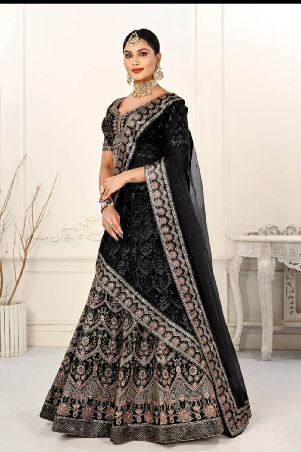 Black Satin Silk Lehenga Set With Readymade Blouse