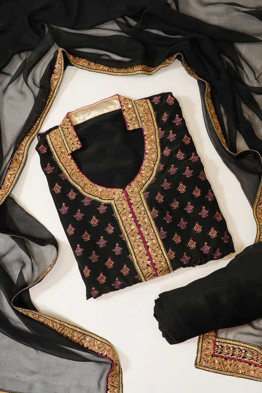 Black Crepe Semi Stitched Suit Salwar With Dupatta