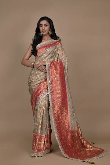 Tussar Mirror, Sequence, & Dabka Organza Designer Saree With Unstitched Blouse