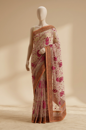 Tussar Net Embroidered Saree With Unstitched Blouse