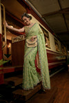 Mint Green Banarasi Woven, Cutdana, Mirror, Sequence, Swarovski & Zari Threadwork Organza Saree With Unstitched Blouse