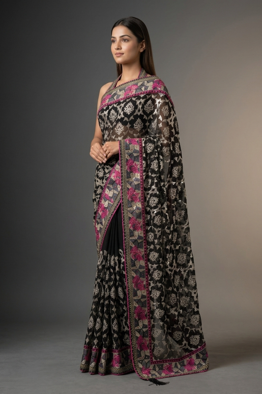 Black Georgette Embroidered Saree With Unstitched Blouse