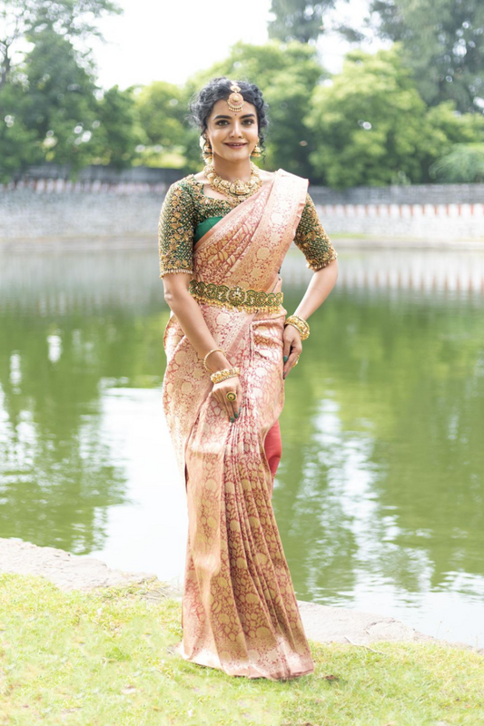 Gajari Banarasi Silk Woven Zari Saree With Unstitched Blouse (Ft:-Ramya Sumana)