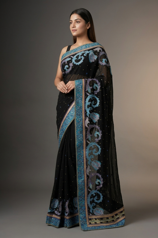 Black Georgette Embroidered Saree With Unstitched Blouse