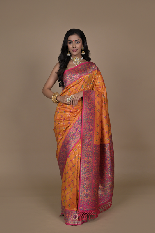 Mustard Banarasi Woven Zari Banarasi Silk Designer Saree With Unstitched Blouse