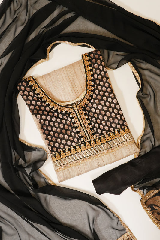 Tussar Black Tussar Semi Stitched Suit Salwar With Dupatta
