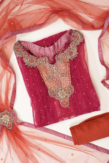 Peach Net Semi Stitched Salwar Suit With Dupatta
