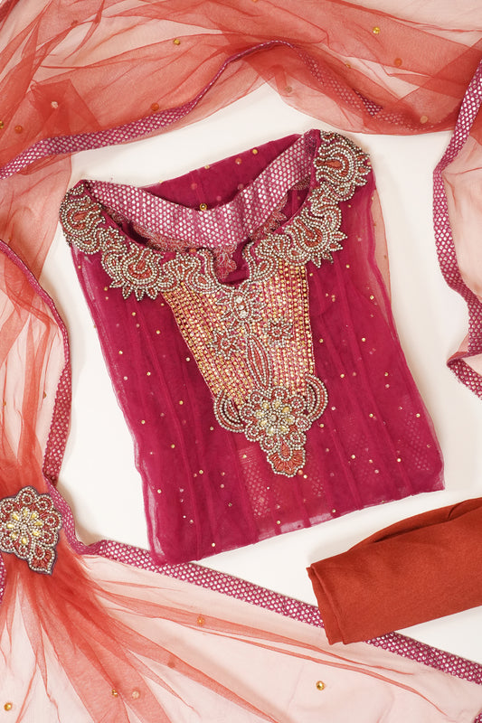 Peach Net Semi Stitched Salwar Suit With Dupatta