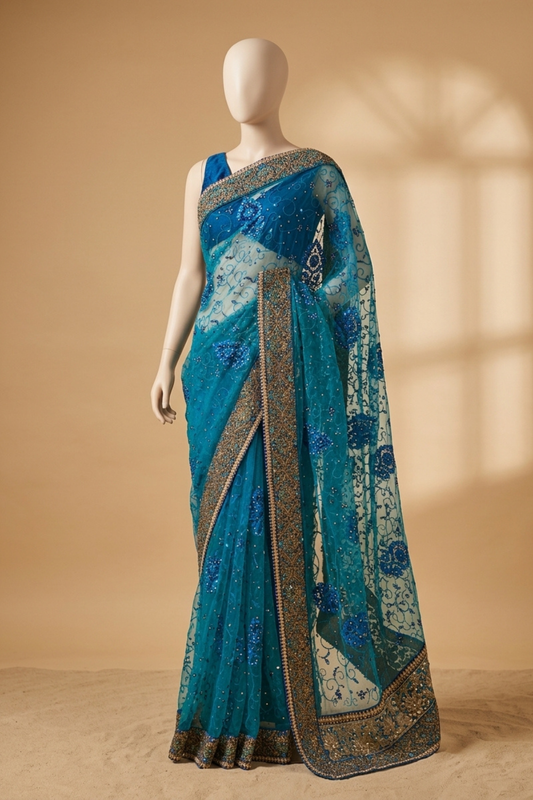 Jade Green Net Embroidered Saree With Unstitched Blouse