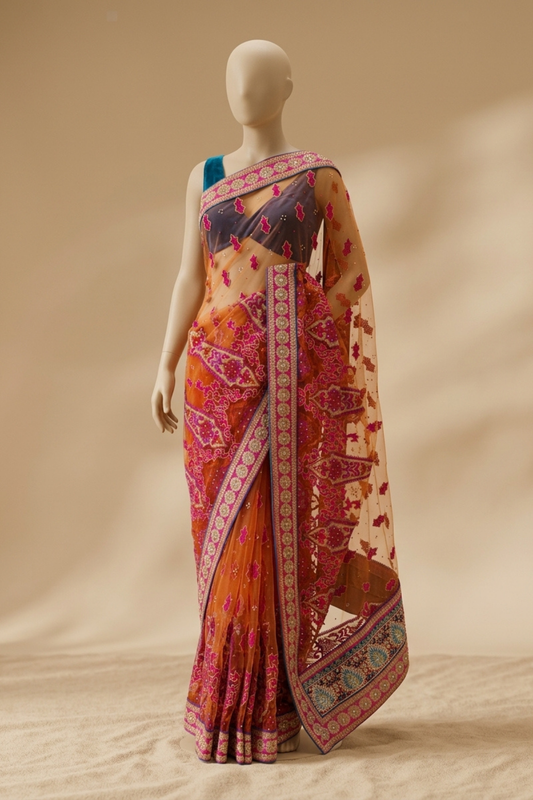 Rust Net Embroidered Saree With Unstitched Blouse