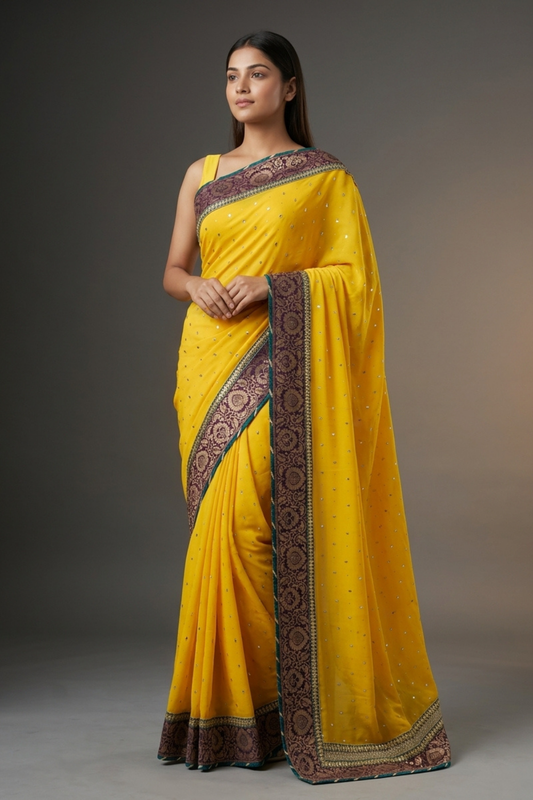 Gold Crepe Embroidered Saree With Unstitched Blouse