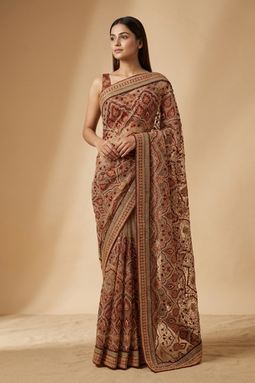 Ivory Net Embroidered Saree With Unstitched Blouse