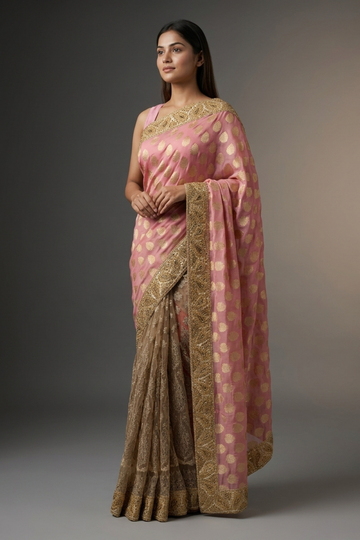 Gajari Chinon Net Embroidered Lehenga Saree With Unstitched Blouse