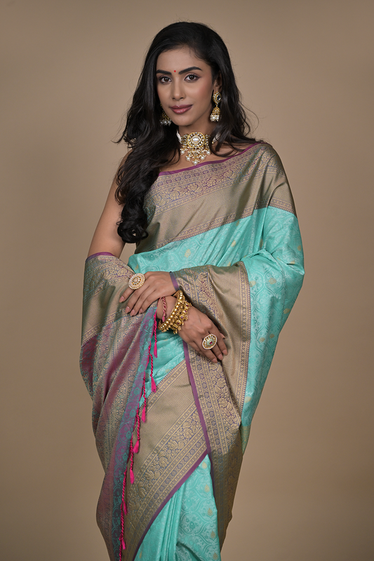 Tea-green Banarasi Woven Zari Banarasi Silk Saree With Unstitched Blouse