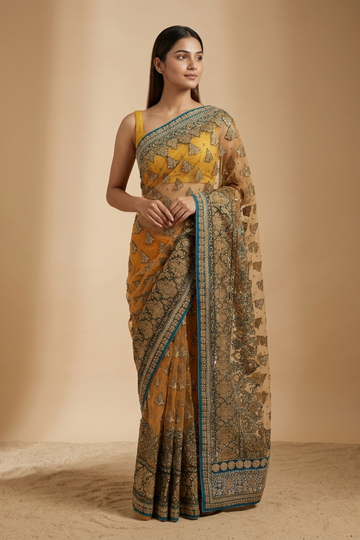Orange Net Embroidered Saree With Unstitched Blouse